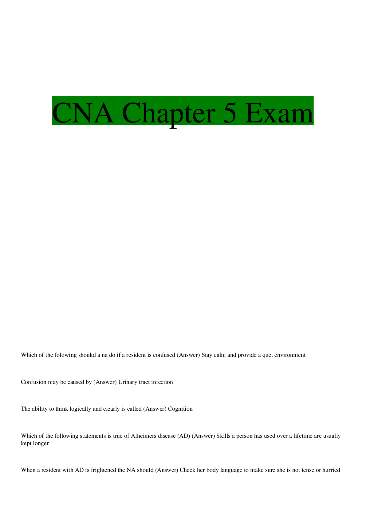 Preview image for CNA Chapter 5 Exam Questions and Answers (2022/2023) (Verified Answers)